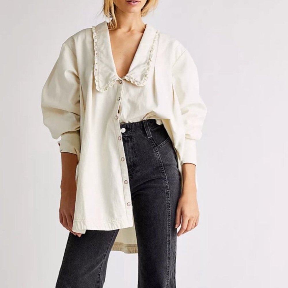 NWT Free people white denim ruffle Button Down